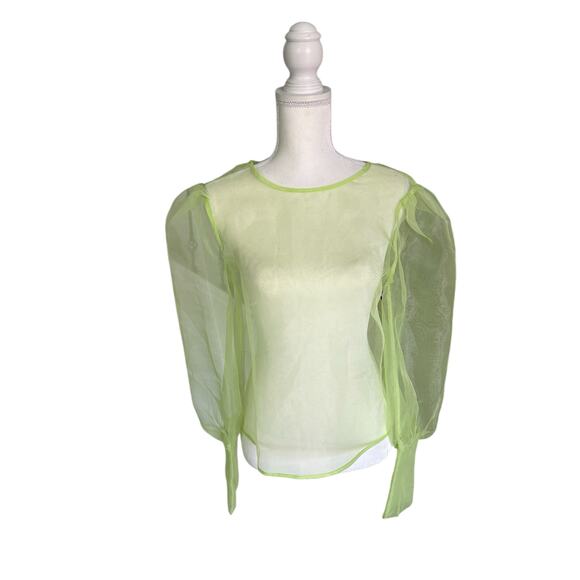 Grey Lab Sheer Neon Green Long Sleeve Keyhole Back Tie Closure Blouse Size Large - Picture 4 of 10